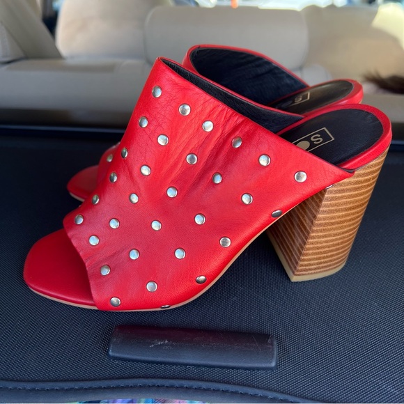 NWOT Sol Sana Red Studded Charlotte Mules with Chunk Heels Size 8 - Picture 1 of 6